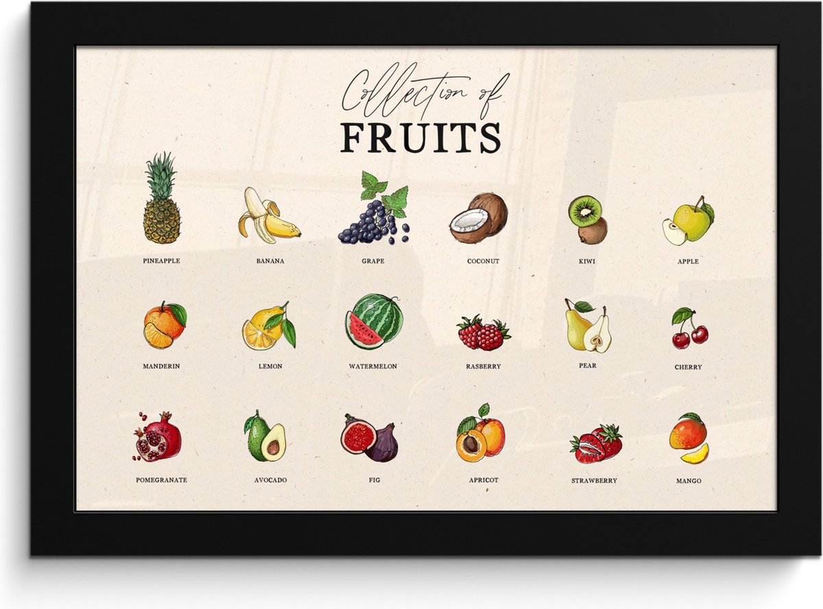 FrameYourWall Fotolijst inclusief poster - Posterlijst 30x20 cm - Posters - Fruit soorten - Kleurrijk - Eten - Vintage - Foto in lijst - Keuken decoratie muur - Wanddecoratie accessoires - Muurdecoratie - Schilderijen Fruit - Overzicht