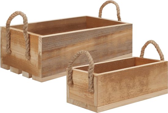 Houten kist vintage kisten opbergen met touwgrepen (set van 2) - houten kist zonder deksel - voor huizen, slaapkamer, keuken, badkamer om boeken, kleding en handdoeken te organiseren