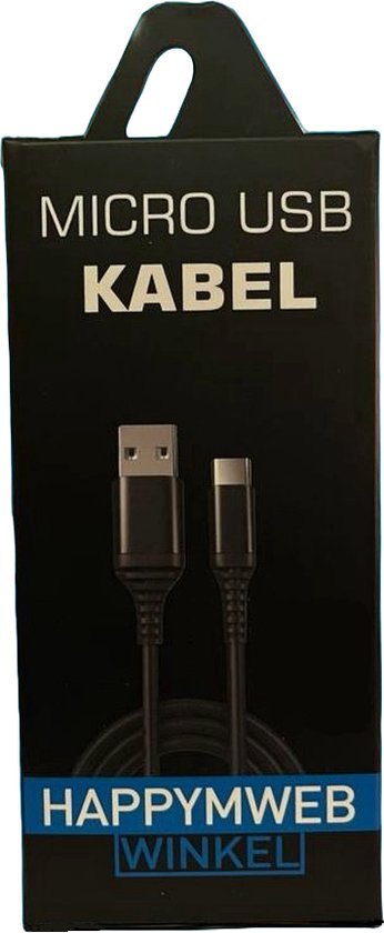 Verpakking van een zwarte Micro USB kabel van HAPPYM WEB WINKEL met een USB-A en Micro-USB connector.