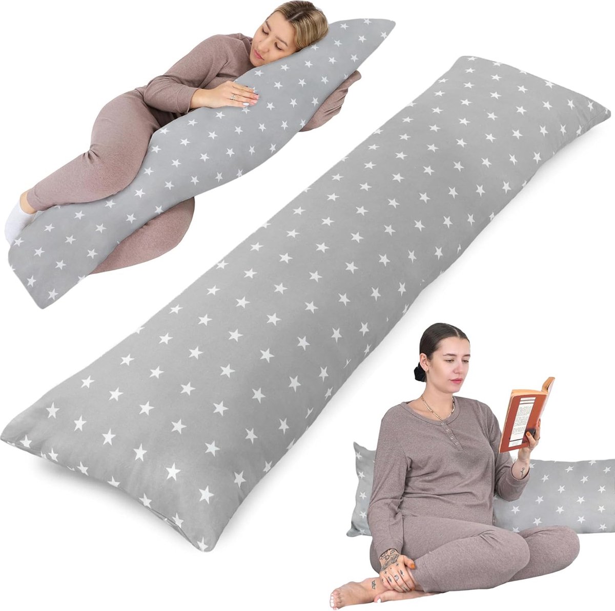 Goedkoopste Baby zijslaapkussen met hoes, katoen, 40 x 145 cm, comfortkussen, slaapkussen, zijslaapkussen, witte sterren op grijs