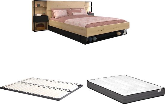 Bed met nachtkastjes en opbergruimte 160 x 200 cm - Kleur: naturel en zwart + bedbodem + matras - MISTA L 255.1 cm x H 102.6 cm x D 244.9 cm