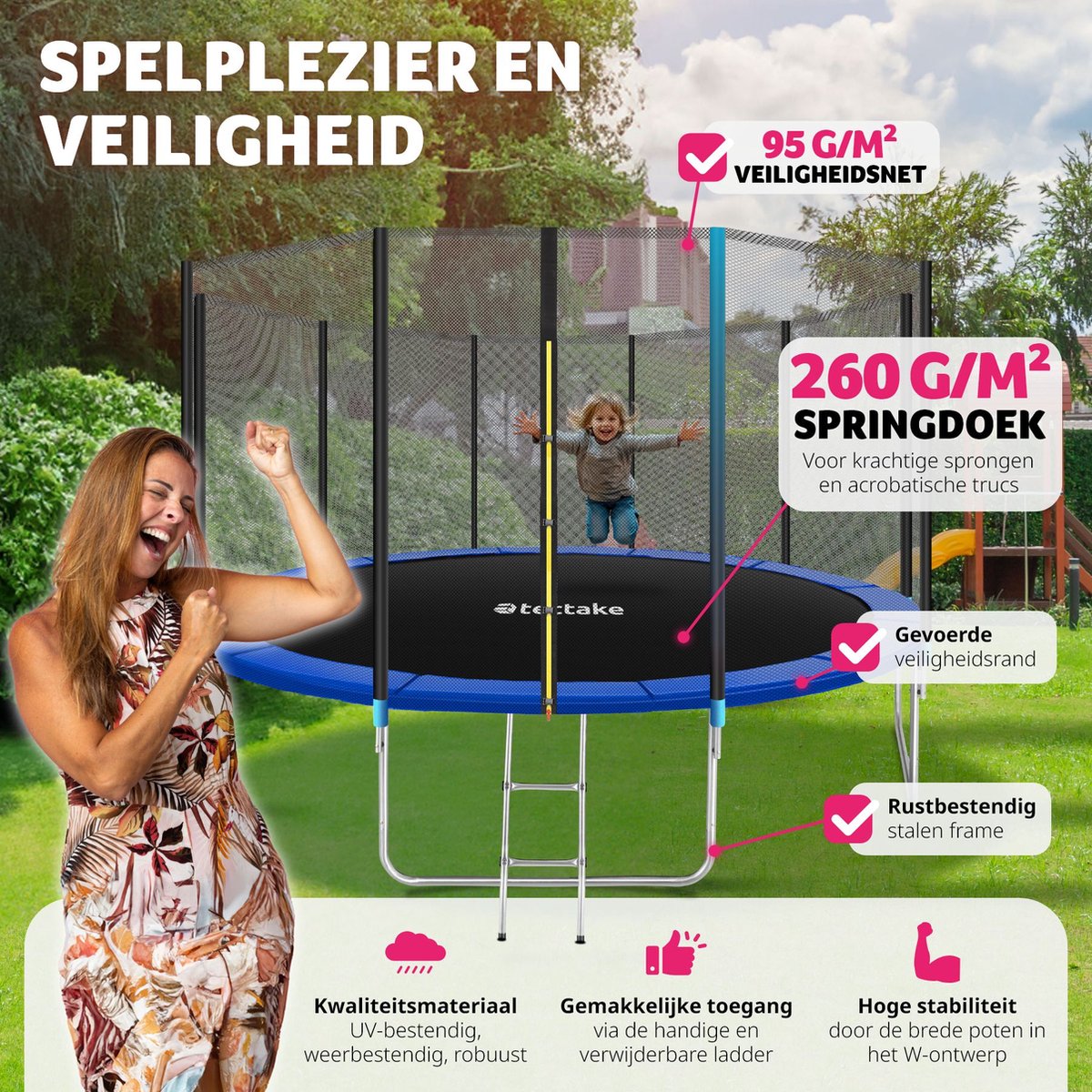 tectake® Trampoline - 427 cm - TÜV-geteste Kindertrampoline met Veiligheidsnet - Buitenspeelgoed - Sporttrampoline - Speeltoestel voor in de Tuin — afbeelding 5