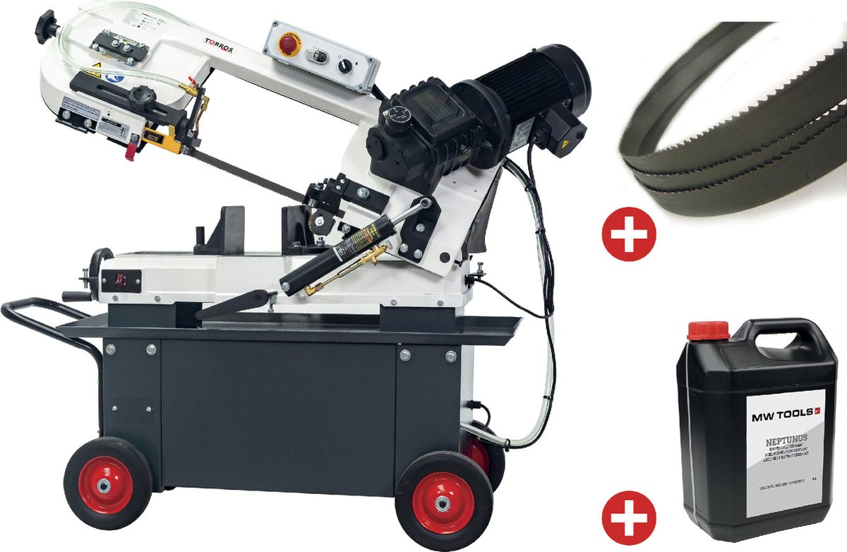 Mobiele metaalbandzaag 0-45° zaagcapaciteit rond 178 mm 0,75 kW 230V koeling inclusief 5 lintzagen 1 bus koelmelk 5 l Torros SC190G PACK
