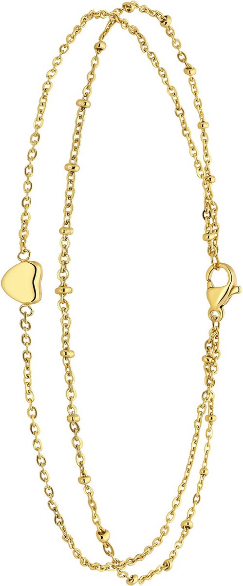 Lucardi Dames Gerecycled dubbele goldplated stalen enkelbandje met hartje - Accessoire - Staal - Goudkleurig - 26 cm