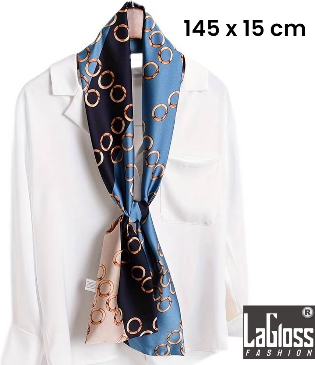 LaGloss® Luxe Elegante Vintage Sjaal Cirkel - Winddicht & Zonbeschermend - Hoofddoek - Haar accessoire - Blauw Kleurblok - 145 x 15 cm %%