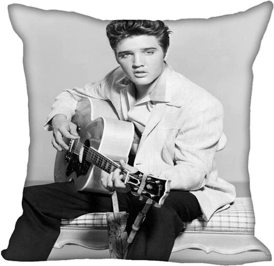 Allernieuwste® Kussen Elvis Presley The King 2 - Kussenhoes Katoen Linnen - Kussenovertrek Zwart Wit 45 x 45 cm