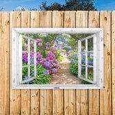 Tuinposter | Doorkijk met hortensia's | liggend| Wallz | 105 x 70 cm | tuindoek
