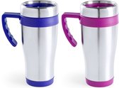 Set van 2x stuks zilverkleur warmhoudbekers/isoleer bekers met rand roze en blauw 500 ml