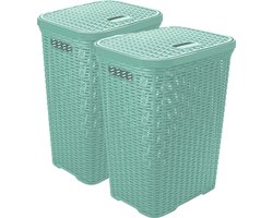 Hega Hogar Wasmand met deksel Rotan - 2x - mintgroen - gevlochten kunststof - 60 liter - 34 x 43 x 62 cm