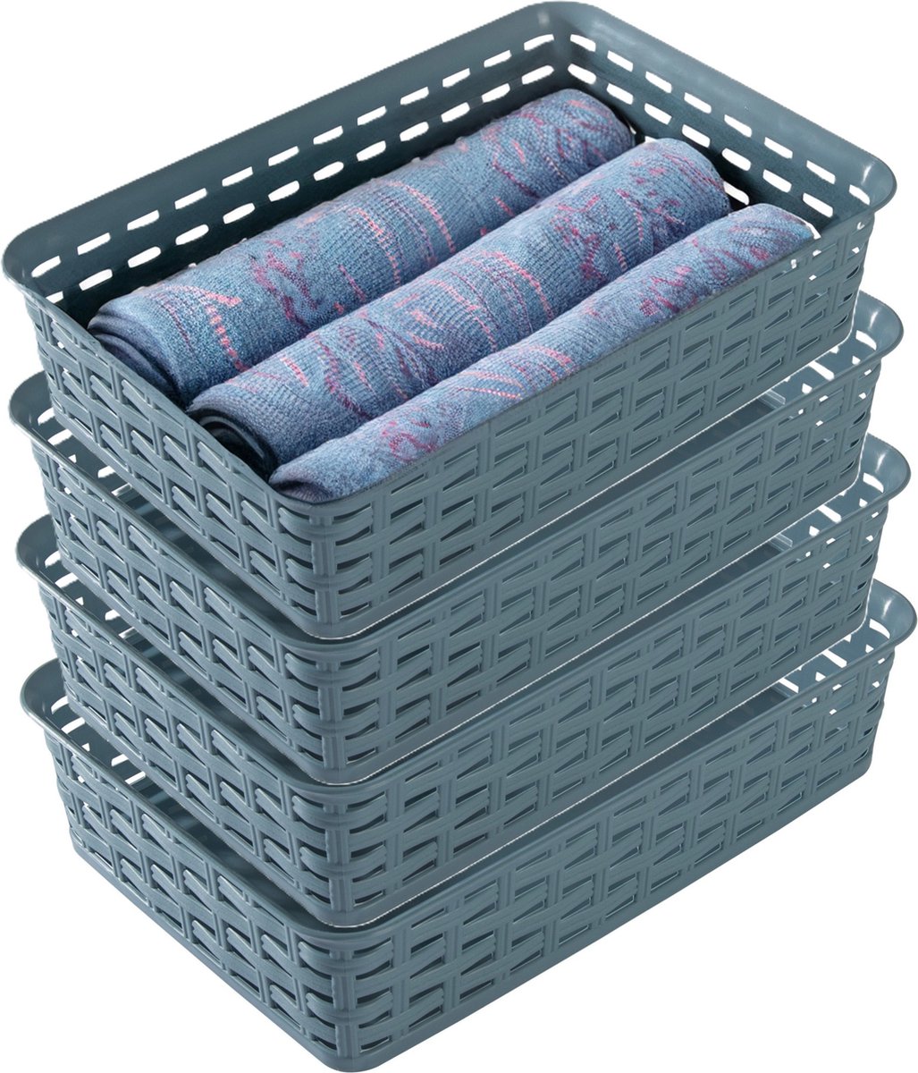 Hega Hogar Opbergmandje/ladeverdeler - 4x - denin blauw - 2 liter - kunststof - 17 x 25 x 6 cm - kleine opslag bakjes - manden