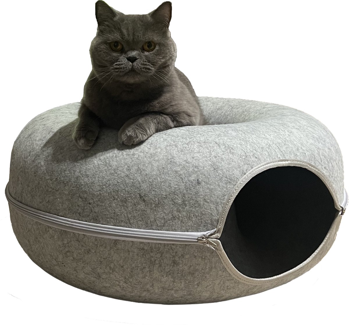 Bol.com Luxara Donut Kattentunnel met Afneembare Mand - Lichtgrijs Vilt - Maat L (60x60x28cm) - Speeltunnel & Kattenbed voor Gro... aanbieding