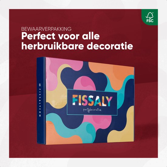 Fissaly verpakking met veelkleurig abstract patroon.