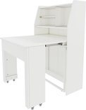 Witte uittrekbare tafel met bureau en opbergruimte, op wieltjes.
