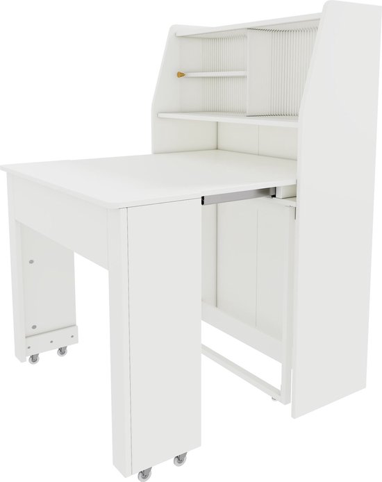 Witte uittrekbare tafel met bureau en opbergruimte, op wieltjes.