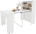 Witte uittrekbare tafel met opbergkast, gevuld met diverse producten.