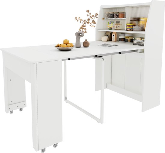 Witte uittrekbare tafel met opbergkast, gevuld met diverse producten.