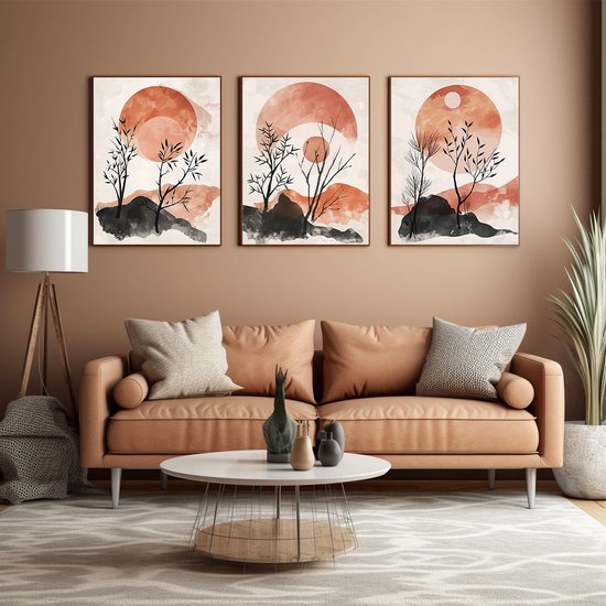 Verwelkom de Natuurlijke Schoonheid in je Huis met Onze Botanische 3-Luik Poster Set - Mooi aarde tinten 50x70cm met zwarte lijst