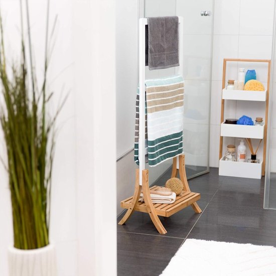 Relaxdays handdoekenrek met plank, 3 stangen, handdoekhouder, HBD: 110 x 53 x 31,5 cm, badkamerrek, bamboe, natuur