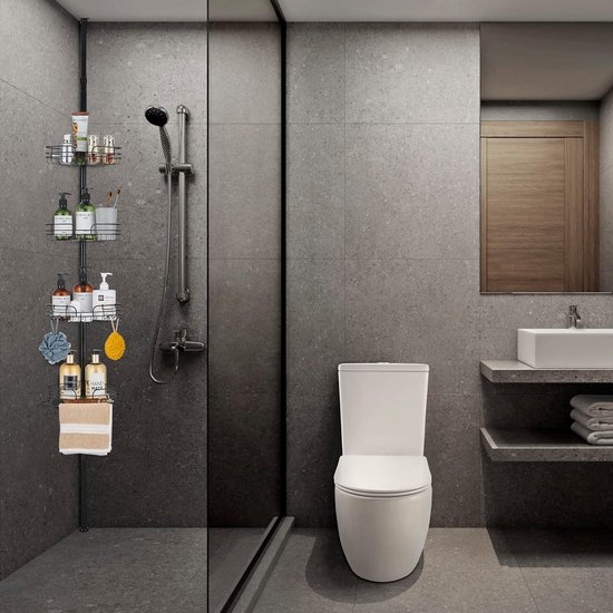 GRICOL Badkamer Douche Plank Caddy voor Douche Rail Geen Boren Douche Pole Plank met Gesp en Douchekop Haak Rack Organizer Houder voor Zeep Shampoo Conditioner