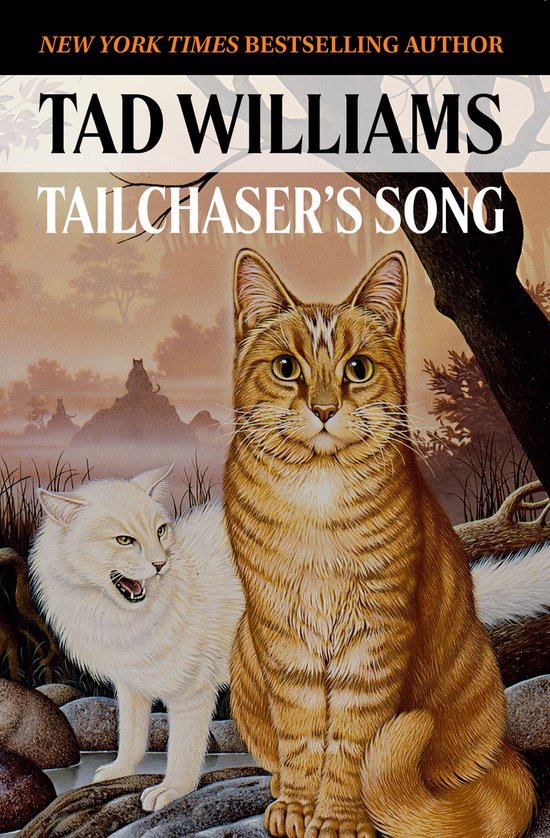Twee katten, één roodbruin gestreept en één witte, poseren op stenen in een bosrijke omgeving. De titel 'Tailchaser's Song' staat bovenaan.