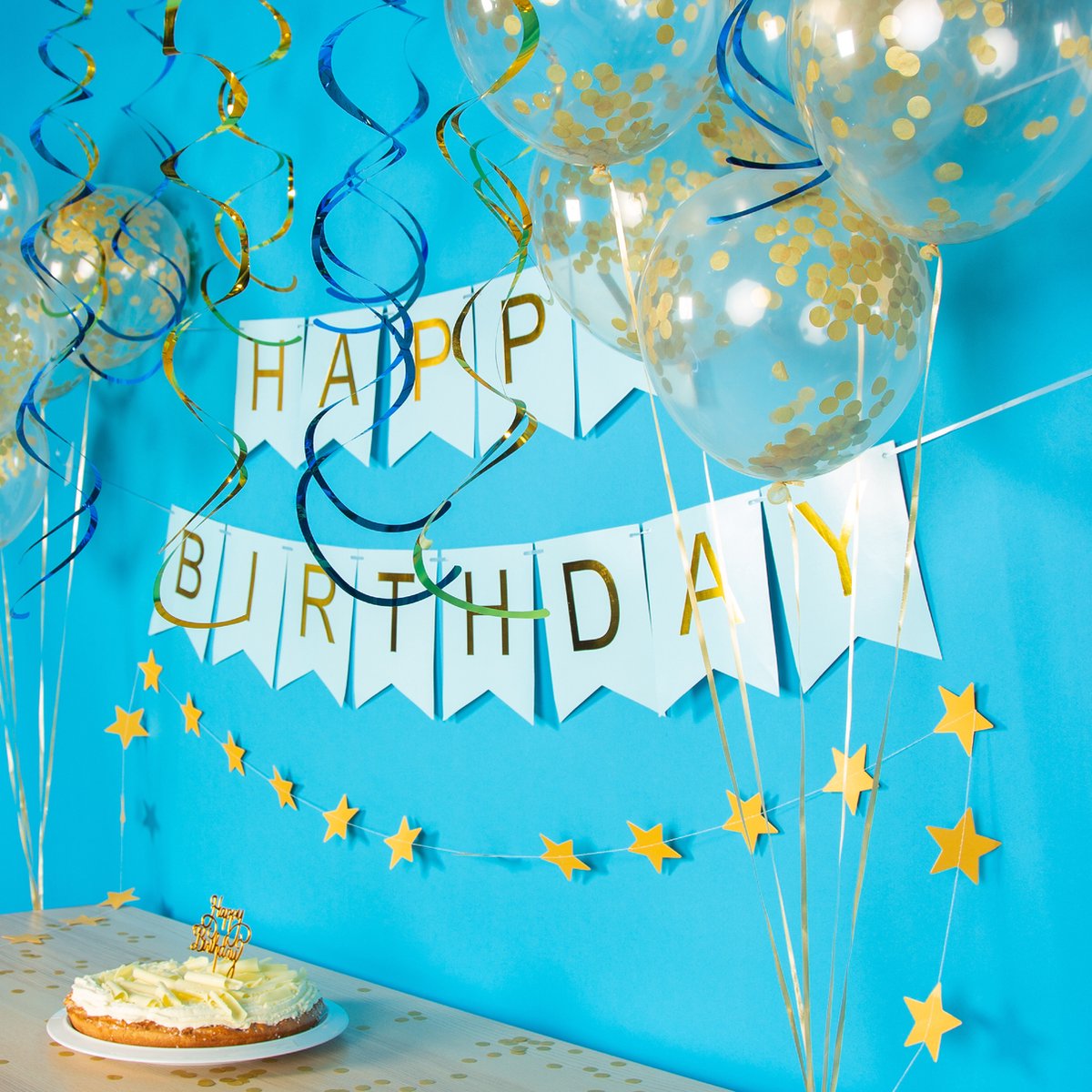 Fissaly Verjaardag Slinger Blauw & Goud met Papieren Confetti Ballonnen – Decoratie – Happy Birthday - Letterslinger — afbeelding 4
