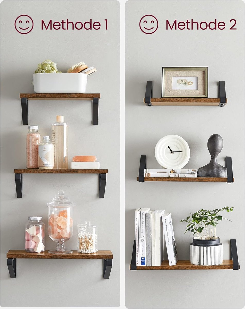 wandplank in industrieel ontwerp, zwevende plank, set van 3, wandmontage, stabiele plank voor presentatie, voor woonkamer, badkamer, keuken,