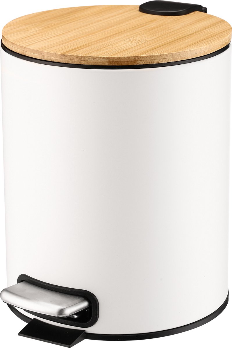 Goedkoopste Behave Mini Prullenbak - Softclose - Afvalemmer - Pedaalemmer - Badkamer - 952 g - 20 x 20 x 25 cm - 5 L - Wit - Bamboe deksel
