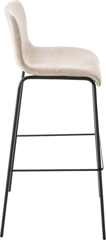 Zijaanzicht van een crèmekleurige stoffen barkruk met een zwart metalen frame.