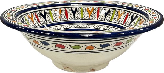 Zij-aanzicht van een ronde, handbeschilderde aardewerken waskom met een gedetailleerd, geometrisch patroon in blauw, oranje, groen en rood.