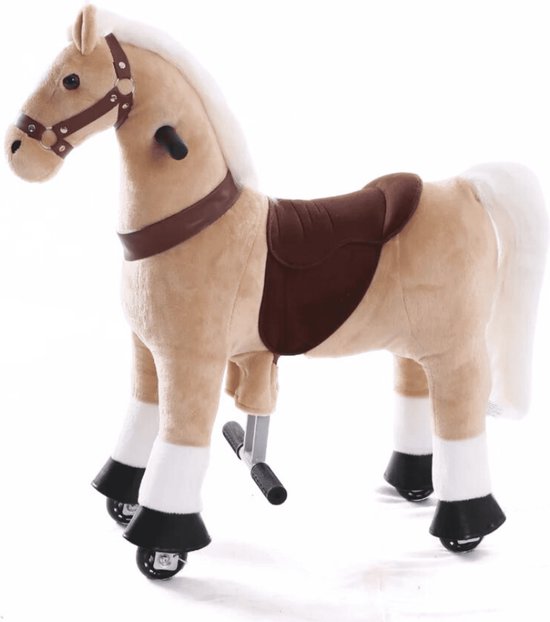 Kijana Rijdend Speelgoed Paard - Hobbelpaard - 74 x 29 x 79 cm - 3-6 Jaar - Inclusief Inline Skate Wieltjes - Licht bruin