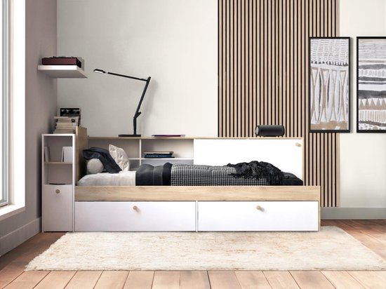 Bed 90 x 200 cm met opbergruimte - Wit en naturel + bedbodem + matras - LIARA L 229.4 cm x H 87.7 cm x D 119.2 cm