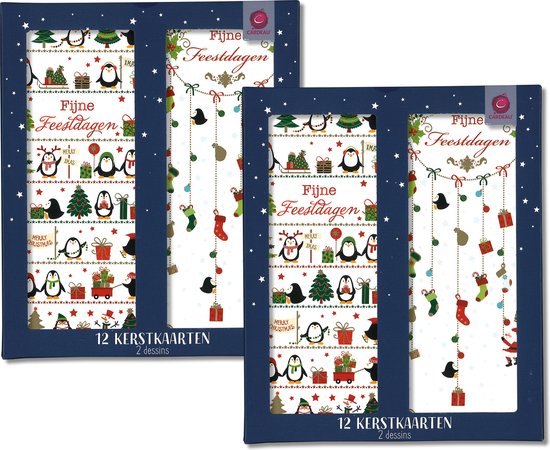 Twee dozen met 12 kerstkaarten per stuk. De kaarten hebben pinguïns en kerstdecoraties. Tekst 'Fijne Feestdagen'.