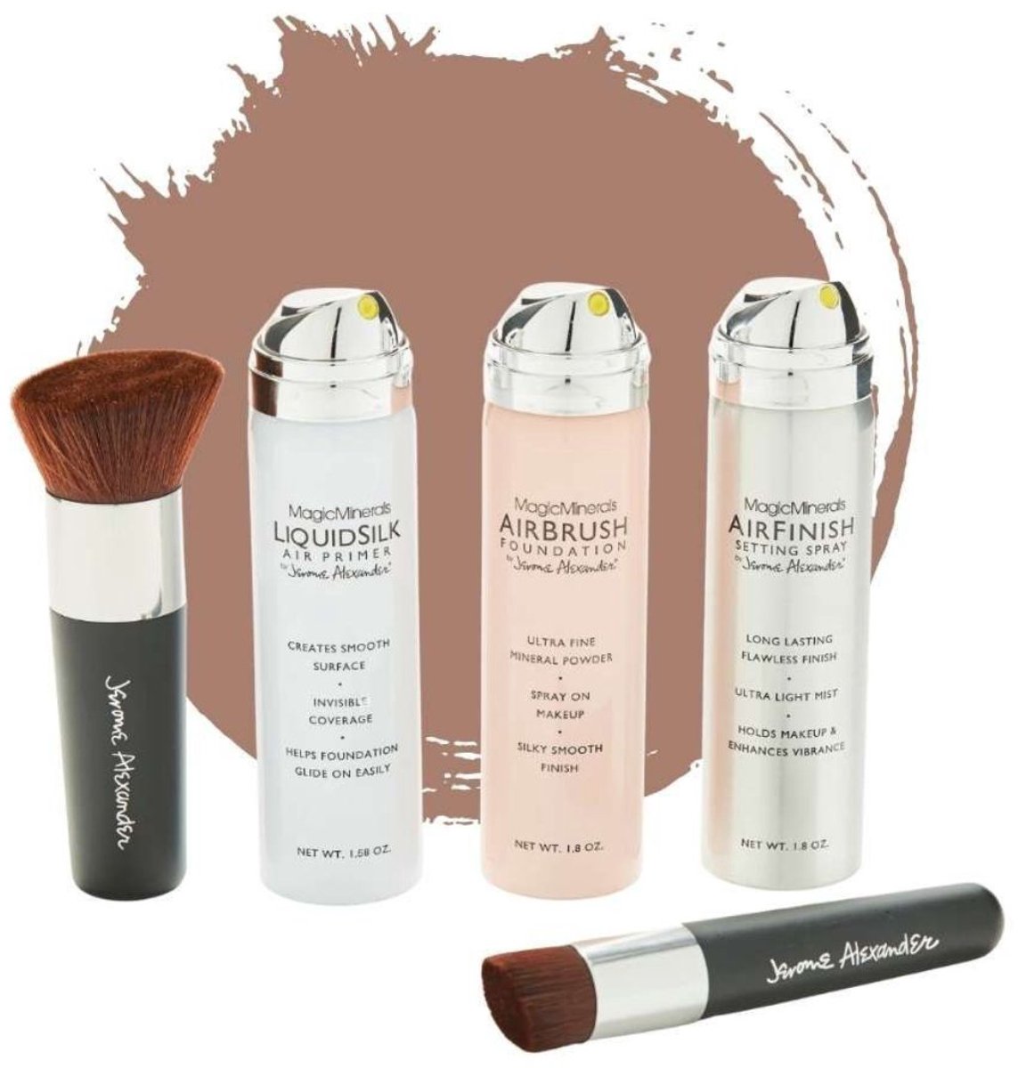 Magic Minerals AirBrush Foundation 5-delige set by Jerome Alexander – Medium/Dark – incl. 2 Kabuki kwasten, AirBrush Primer en AirFinish settingspray - Make-up met een natuurlijke dekking