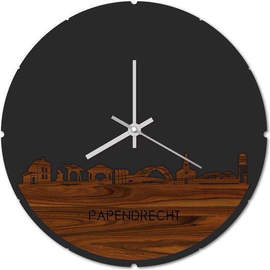 Skyline Klok Rond Papendrecht Palissander hout - Ø 44 cm - Stil uurwerk - Wanddecoratie - Meer steden beschikbaar - Woonkamer idee - Woondecoratie - City Art - Steden kunst - Cadeau voor hem - Cadeau voor haar - Jubileum - Trouwerij - Housewarming -