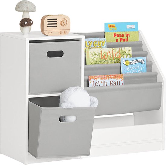 Rootz Kinderboekenplank - Speelgoedopbergorganisator - Kinderboekenkast - Duurzaam PB(E1)-materiaal - 5 vakken - Labelvriendelijke stoffen bakken - 80 cm x 61 cm x 30 cm