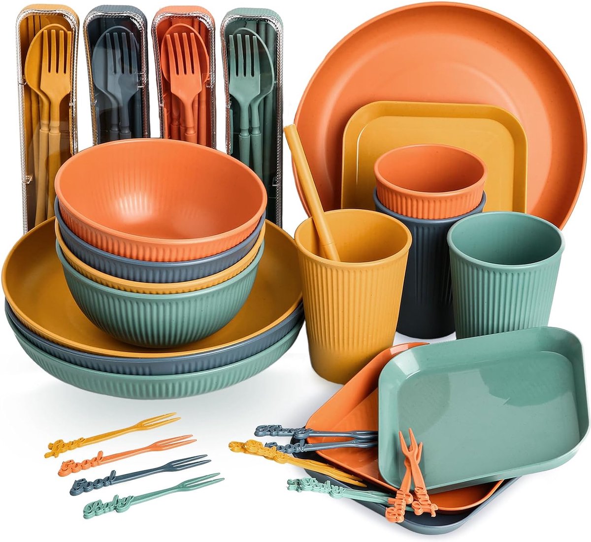 52-delige Onbreekbare Servies Dinerset - Platen, Kommen, Cups en Bestek - Lichtgewicht en Kleurrijk voor Camping, Picknick, Feestjes - RV en Studentenkamer