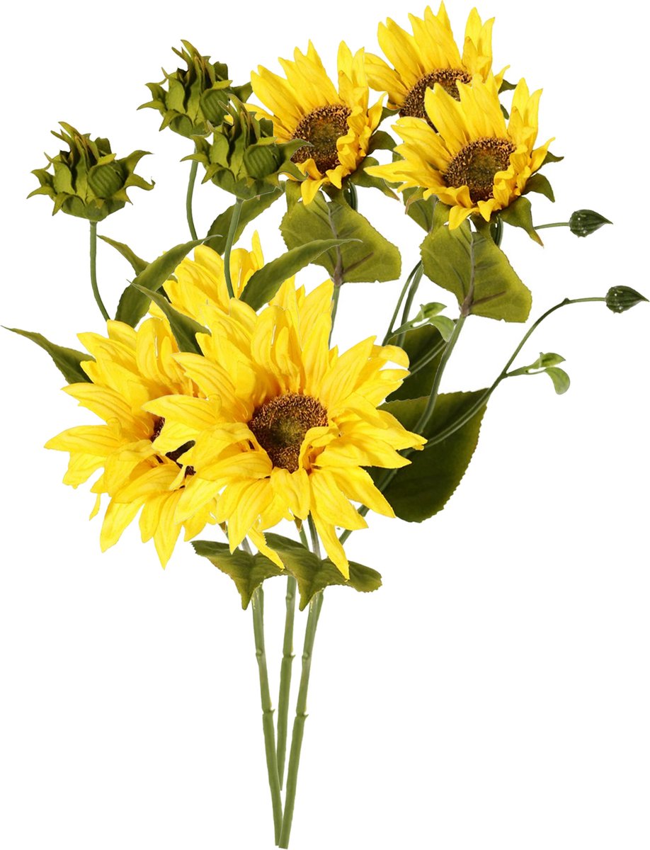 Topart Kunstbloem Zonnebloem tak - 3x - 60 cm - geel - kunst zijdebloem - decoratie bloemen