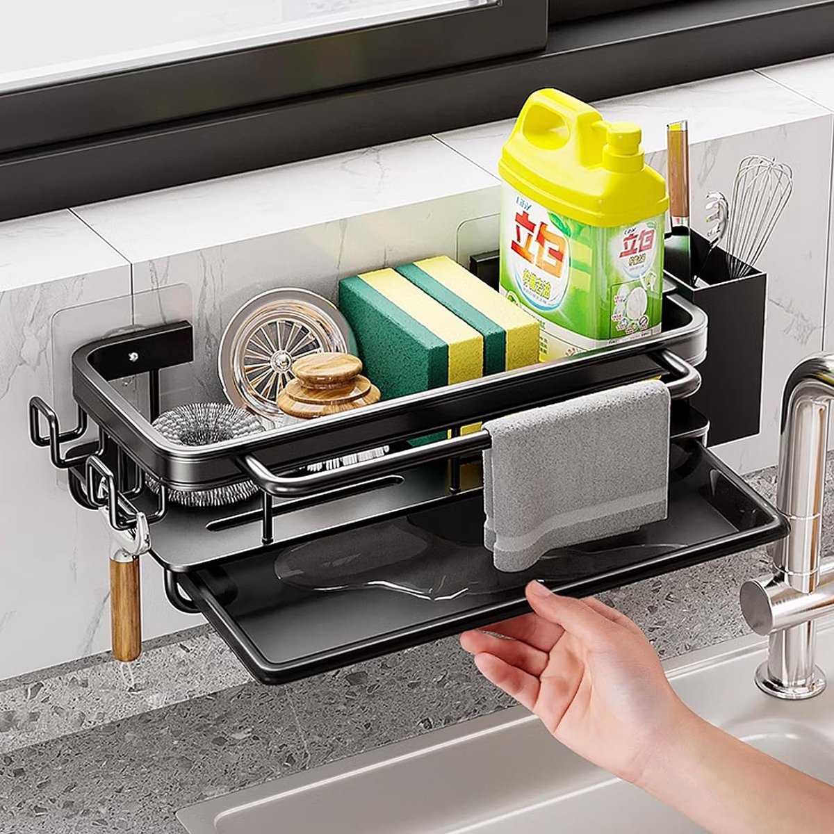 Goedkoopste Gootsteen Caddy Organizer, Gootsteen Gootsteen Organizer met Haken en Handdoekenrek, Vereiste Organisator Keuken Geen Boren, Sponshouder Voddenhouder Gootsteen Organizer met Afvoerbak