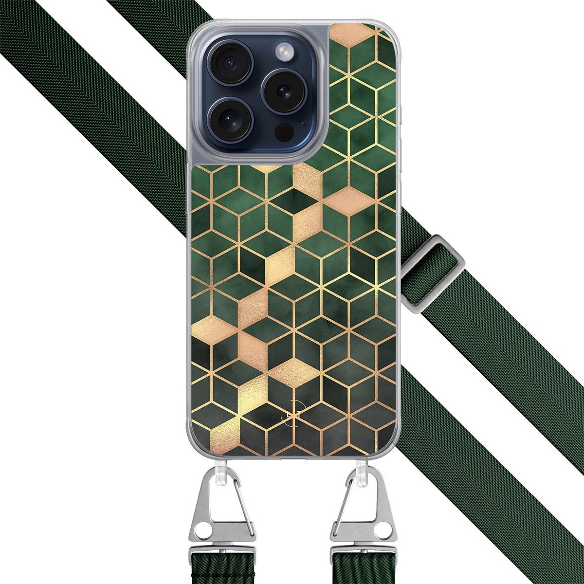 Hoesje met koord - Geschikt voor iPhone 15 Pro - Kubus groen - Verstelbaar zwart koord - Groen - Print / Illustratie - Leuke Telefoonhoesjes