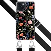 Hoesje met zwart koord - Geschikt voor iPhone 15 - Dark flowers - Verstelbaar & verwisselbaar koord - TPU backcover - Zwart, Multi - Leuke Telefoonhoesjes