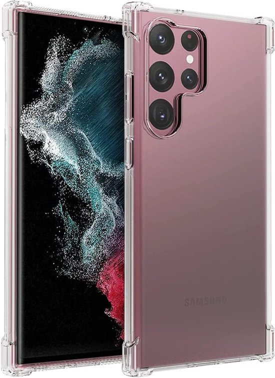 Transparante hoes met versterkte hoeken voor de Samsung Galaxy S23 Ultra, met een roze tint.