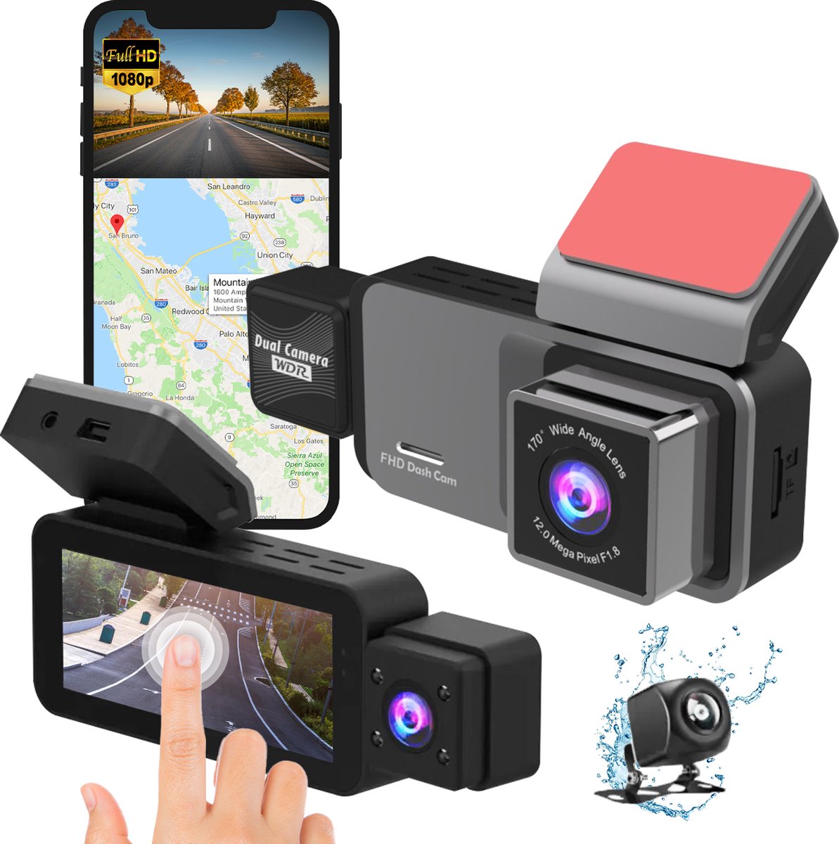 Fleau Tech Dashcam Voor Auto 3 in 1 - Inclusief WIFI & APP - Touchscreen - Bewegingsdetectie en Parkeerstand - G-Sensor - Full HD - 170° Groothoeklens - Loop Recording - Micro SD-kaart 32 GB