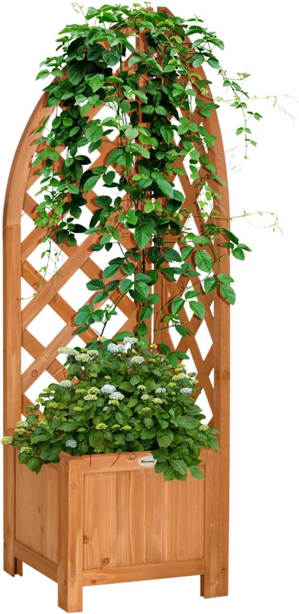 Plantenbak met klimrek - Bloembak - Weerbestendig - Met trellis - Buiten - Hout - Plantenrek - 16 Liter - Bruin