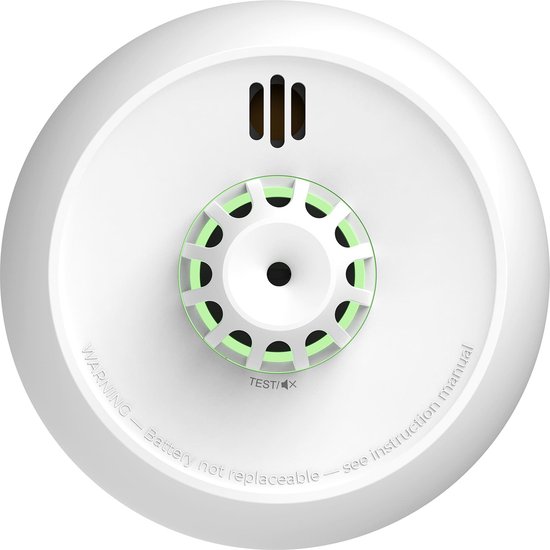 Witte rookmelder met groene accenten en tekst 'TEST/X'.