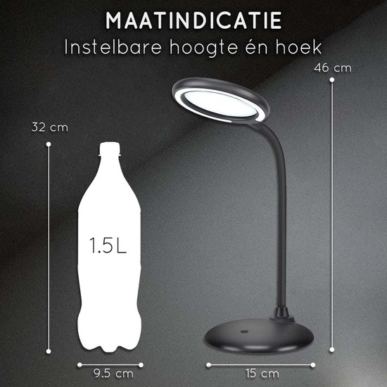 Dimensions de la lampe loupe noire comparées à une bouteille de 1.5L.