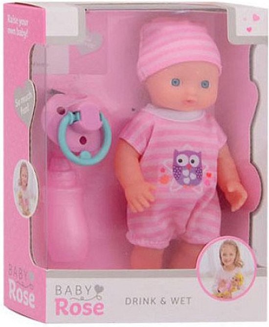 Baby Rose pop in roze gestreepte outfit met uil-print in verpakking.