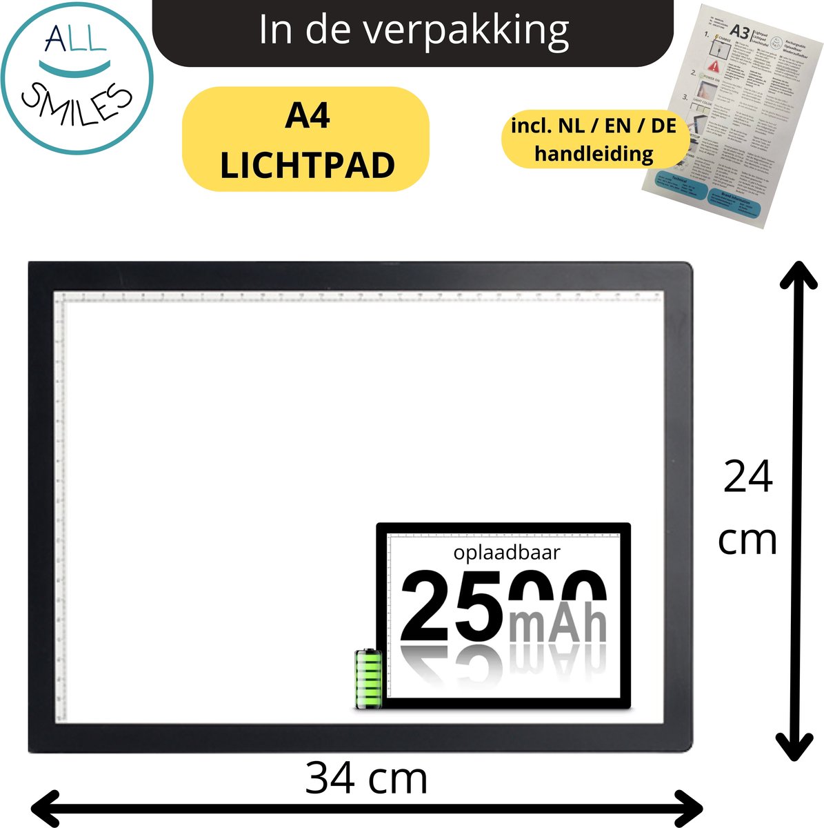 A4 Lightpad Lichtbak Diamond Painting Volwassenen | USB Dimbaar | All Smiles Premium XL Tekenbord | Tekenen Schetsen Hobby — afbeelding 2