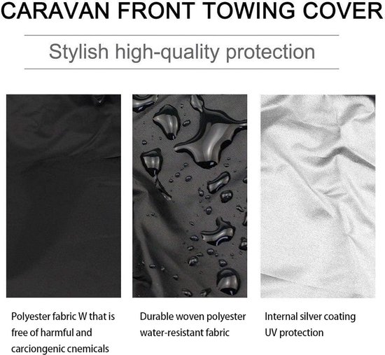 Stoffenstaaltjes: Zwart, waterdicht polyester met druppels, en zilverkleurige gecoate binnenkant.