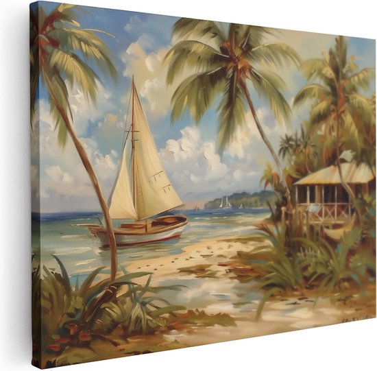 Artaza Canvas Schilderij Kunstwerk van een Zeilboot op het Strand - 120x90 - Wanddecoratie - Foto Op Canvas - Canvas Print