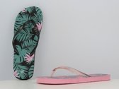 Slipper voor dames - zwart met groen/roze tekening - ideale bad / strand slipper - maat 36